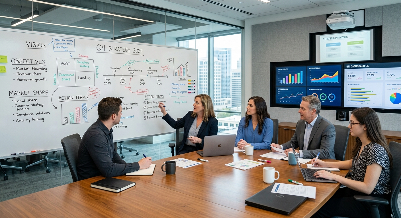 Professional business strategy planning session with charts and whiteboard in modern office conference room