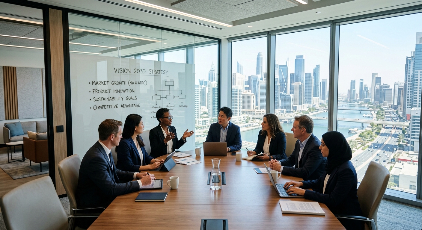 Executive leadership team collaborating on corporate strategy in boardroom with city skyline view